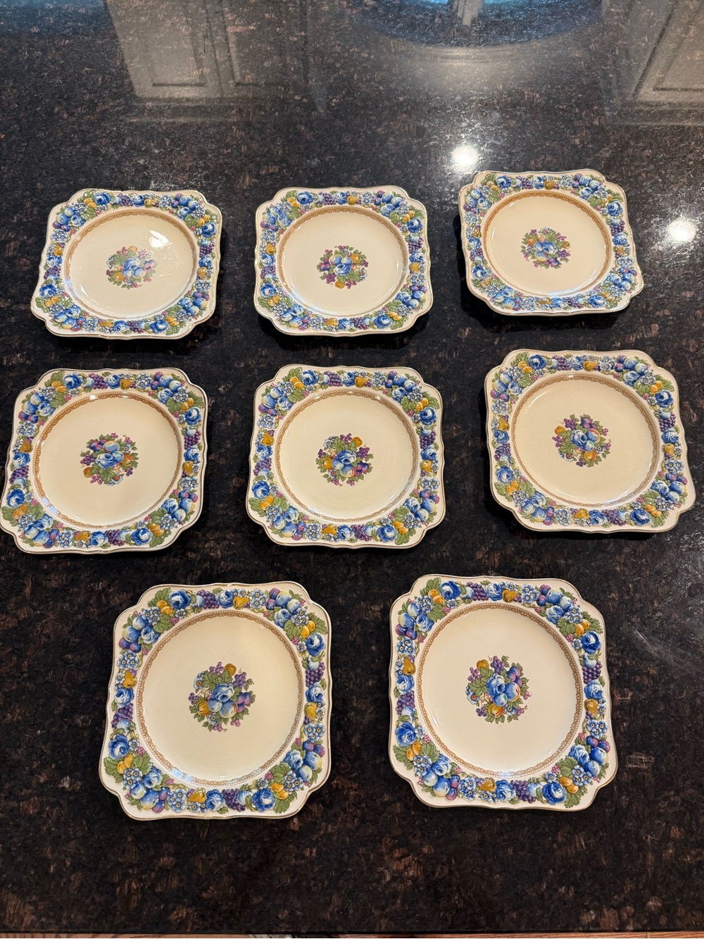 Vintage Crown Ducal Colorful Florentine Embossed Square Salad Plates Set of 8